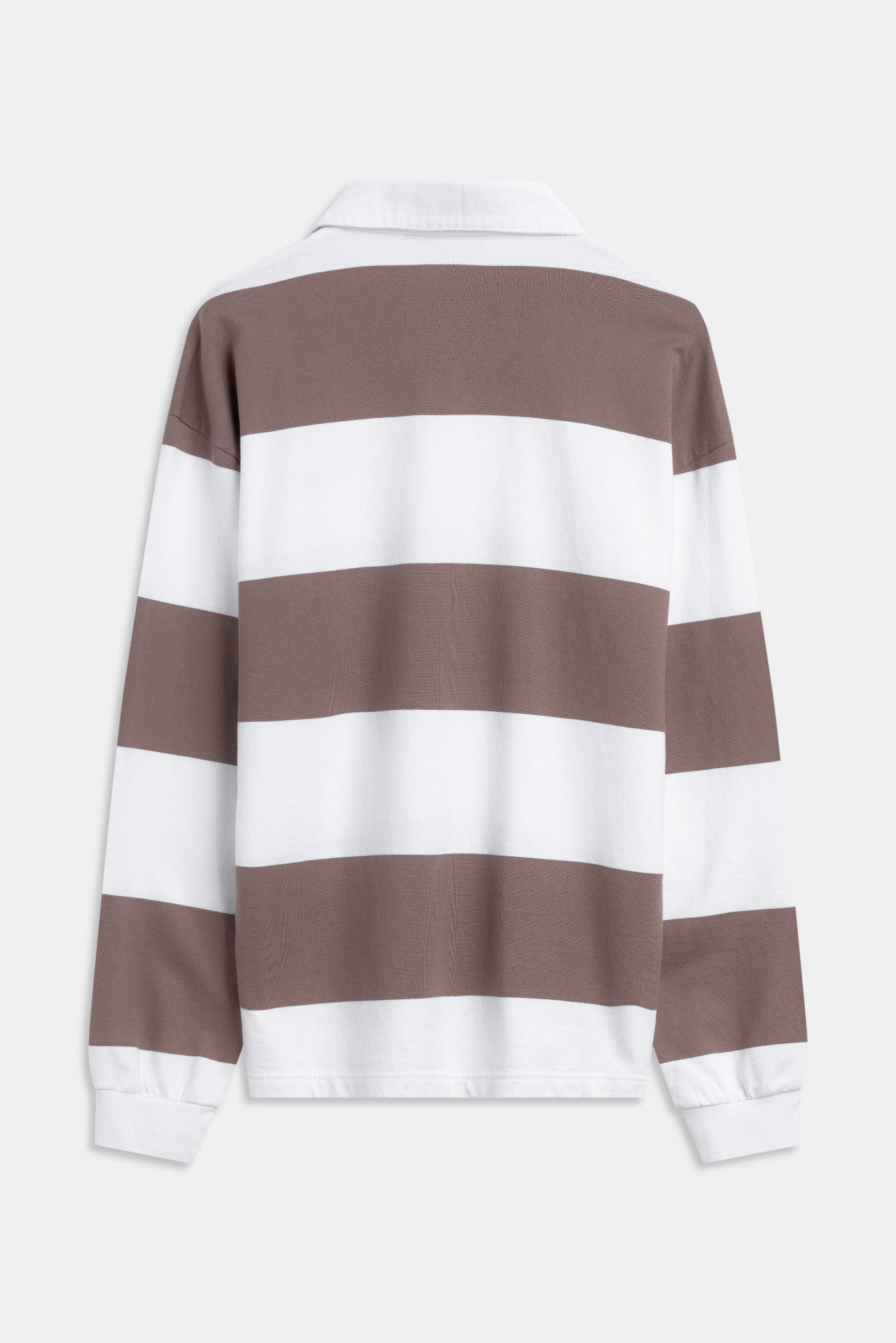 Back view of the CASPARA walnut and white striped long-sleeve rugby shirt against a light background.