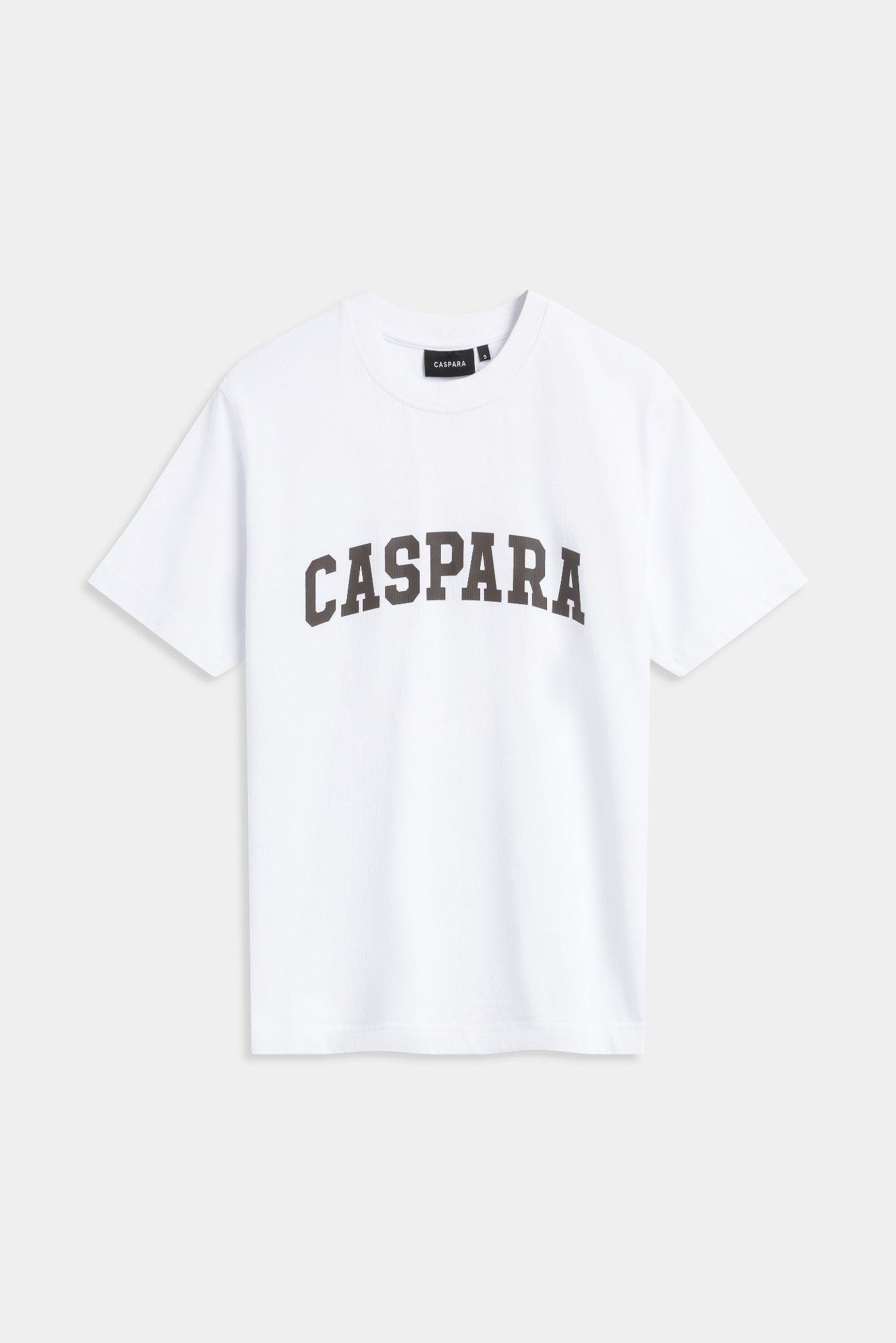 White CASPARA All-Star Signature t-shirt with an espresso logo print against a light background.