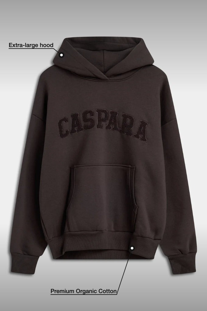 Espresso CASPARA All-Star hoodie with arched logo embroidery and product feature callouts.